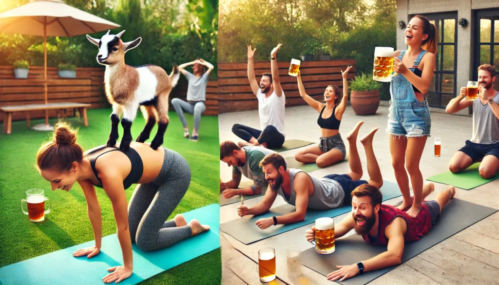 People enjoying unusual yoga classes, featuring goat yoga with playful goats and beer yoga with participants balancing drinks while holding poses in a fun outdoor setting.