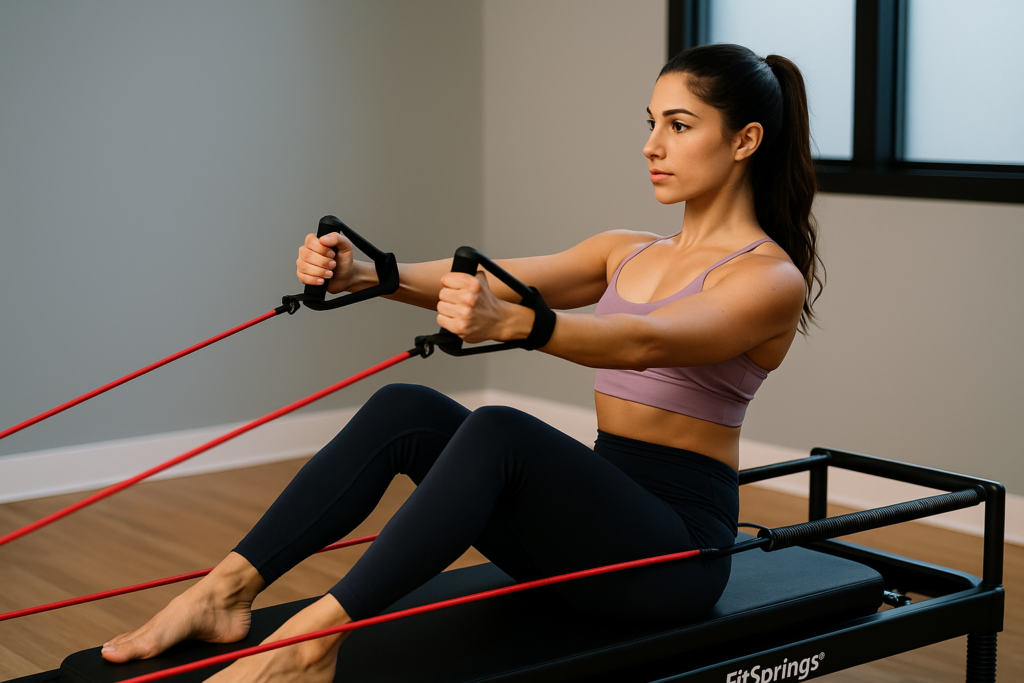 A woman performing a FitSprings® low-impact resistance workout in a brightly lit, modern studio with tension cords and a springboard system, emphasizing joint-friendly fitness and core strength.
